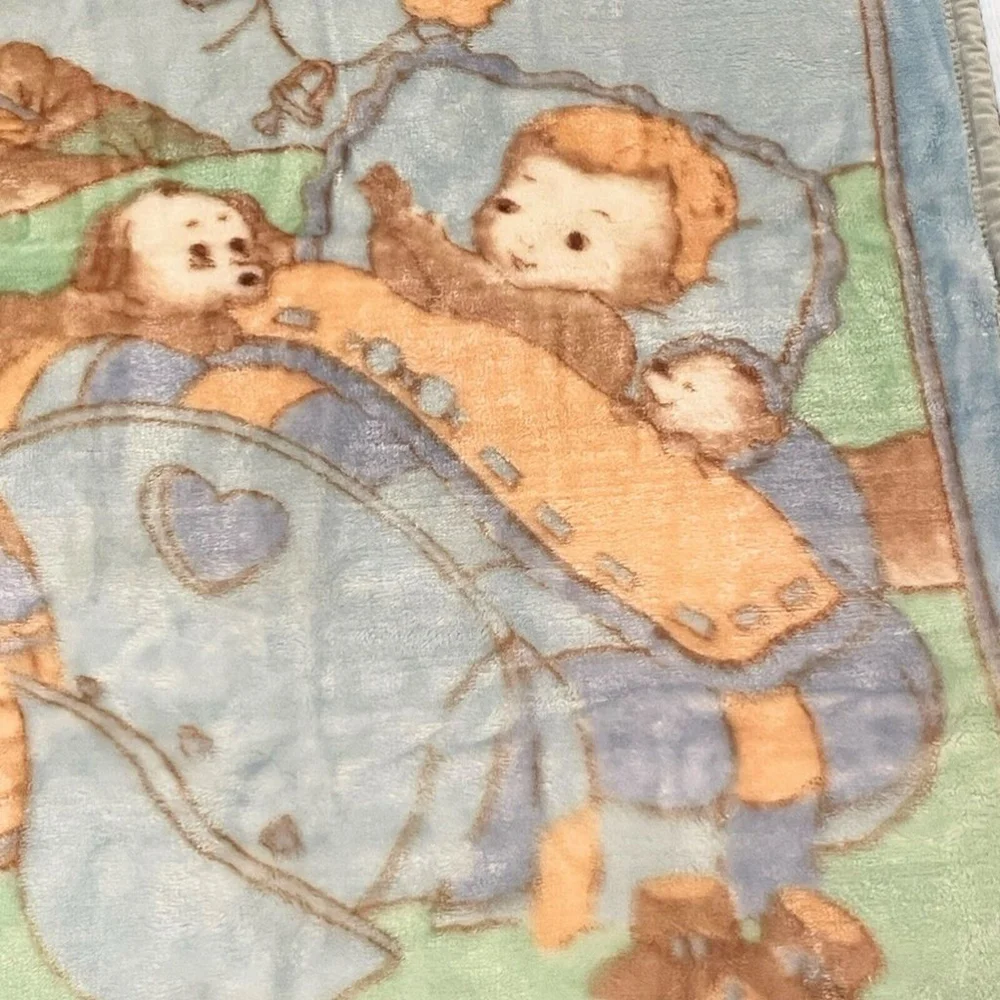 Vtg White Lamb Plush Baby Blanket Outdoor Cradle Birds Dog Silky Soft Blue Green